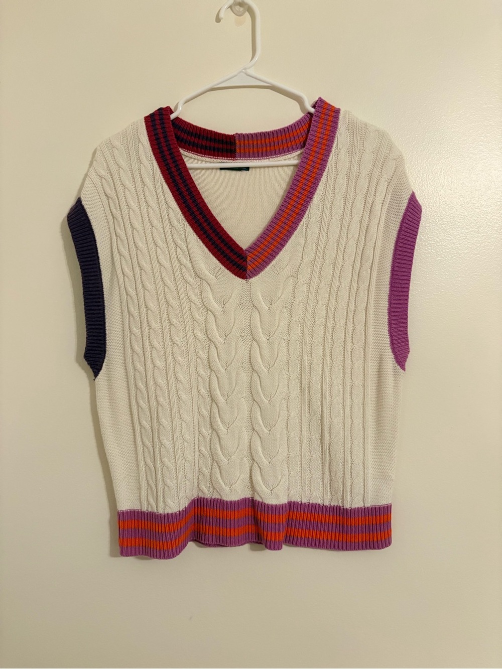 wild fable Cream Cable-Knit V-Neck Sweater Vest with Purple and Orange Trim